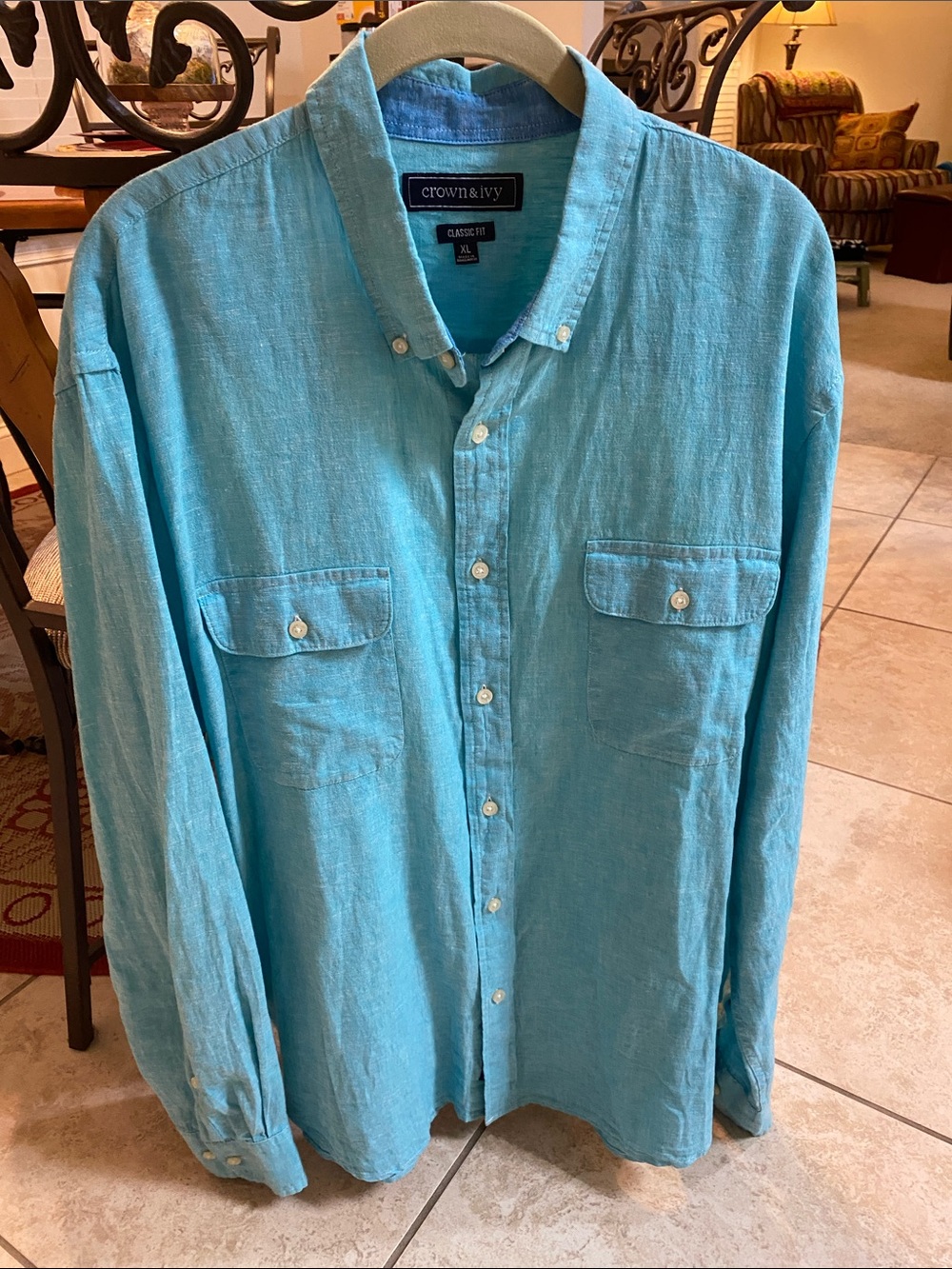 crown & ivy Men’s Teal Button-Down Shirt with Chest Pockets Classic Fit / Sz XL
